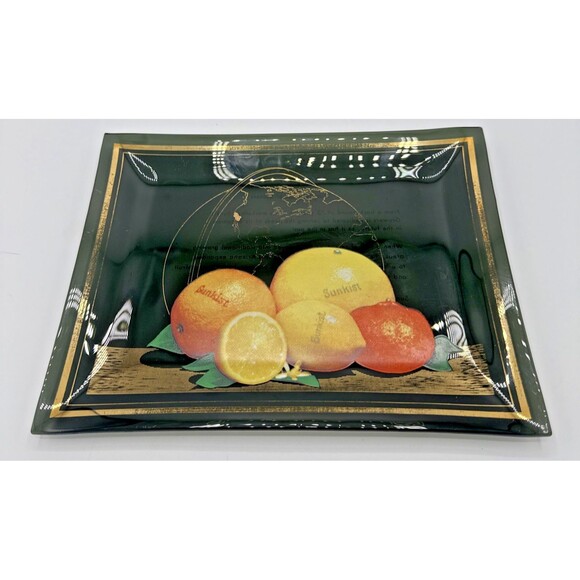 Vintage SUNKIST Smoke Glass & Gold World Saga Of Success Orange/Lemon Dish 9”x7” - Picture 1 of 10